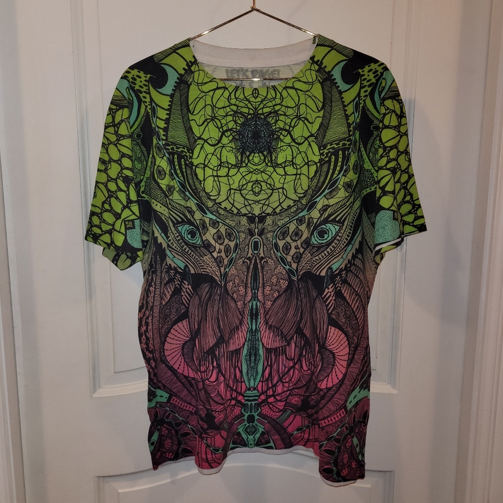 Let's Rage lime green tee with multi color graphics, size L